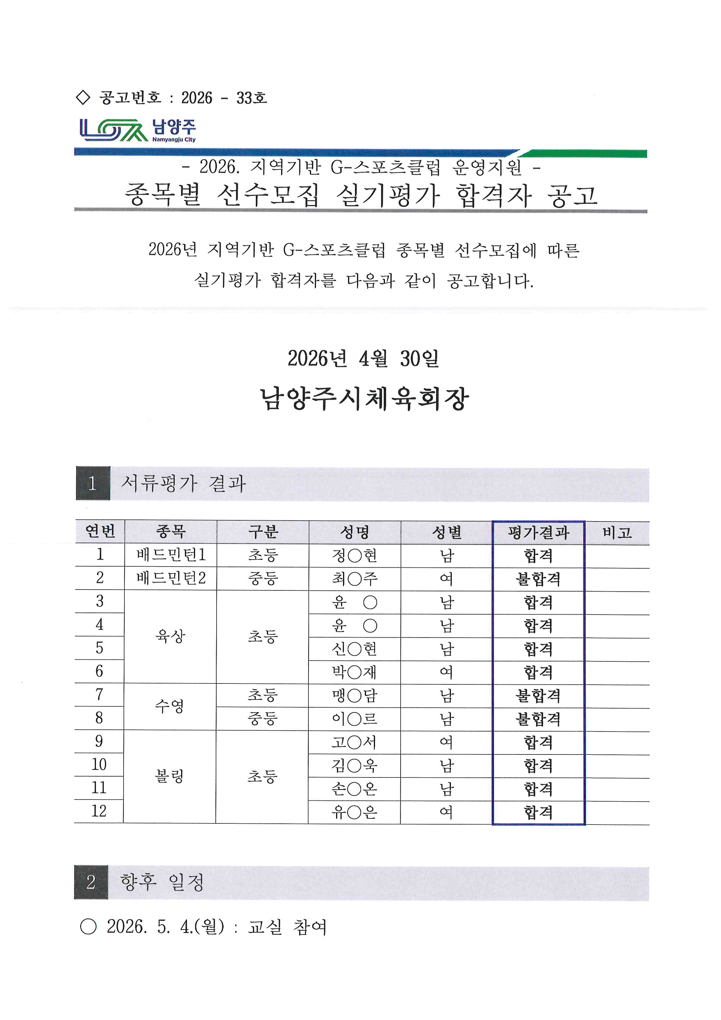 2026. 지역기반 G-스포츠클럽 운영지원 종목별 선수모집 실기평가 합격자 공고.jpg